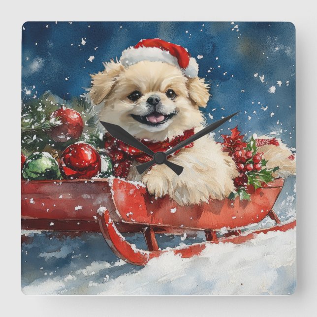 Pekingese Dog in Sledge Let it Snow Christmas Square Wall Clock (Front)