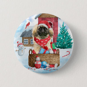 Pekingese Dog In snow Christmas Dog House 6 Cm Round Badge