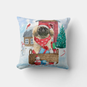 Pekingese Dog In snow Christmas Dog House Cushion