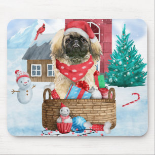 Pekingese Dog In snow Christmas Dog House Mouse Pad