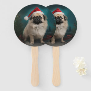 Pekingese Dog in Snow Christmas Hand Fan