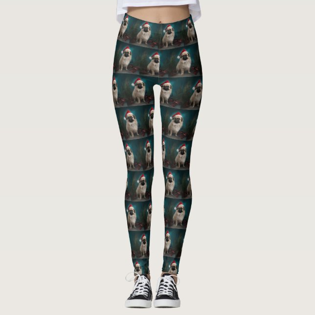 Pekingese Dog in Snow Christmas Leggings (Front)