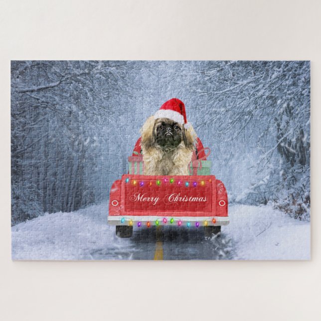 Pekingese Dog in Snow sitting in Christmas Truck  Jigsaw Puzzle (Horizontal)