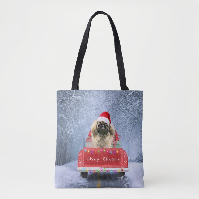 Pekingese Dog in Snow sitting in Christmas Truck  Tote Bag (Front)