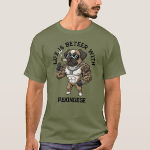 Pekingese Dog, muscular, tattooed, bodybuilder  T-Shirt