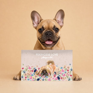 Pekingese Dog playing around flowers Business Card