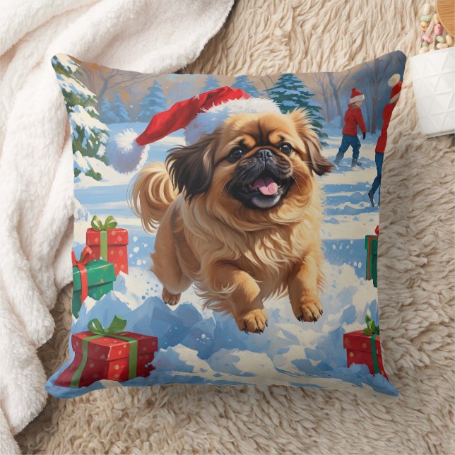 Pekingese Dog Running in Snow with Christmas Hat Cushion (Blanket)