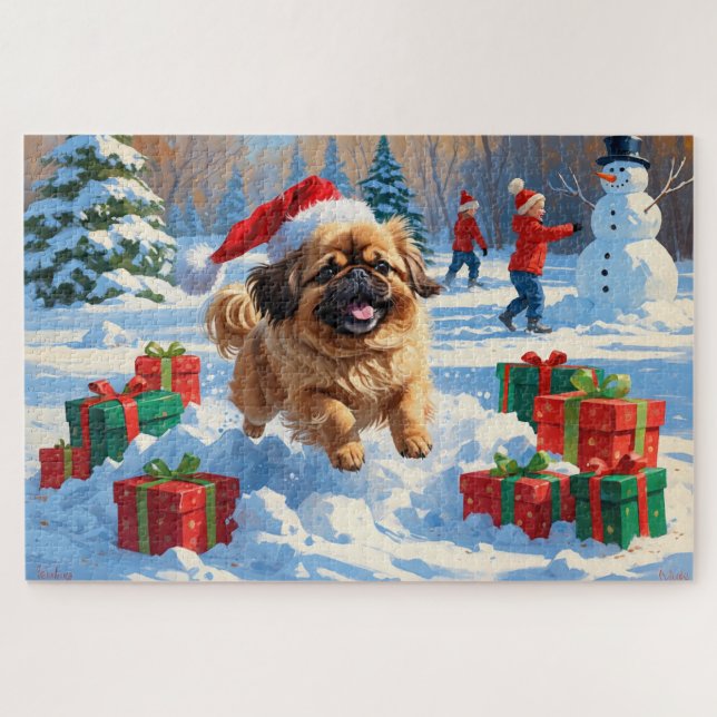 Pekingese Dog Running in Snow with Christmas Hat Jigsaw Puzzle (Horizontal)