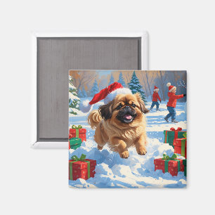 Pekingese Dog Running in Snow with Christmas Hat Magnet
