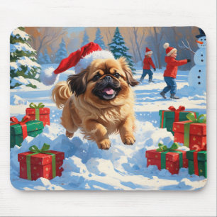 Pekingese Dog Running in Snow with Christmas Hat Mouse Pad