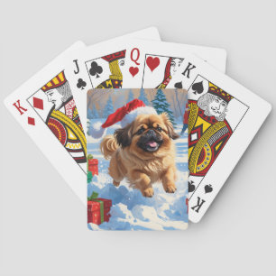 Pekingese Dog Running in Snow with Christmas Hat Playing Cards