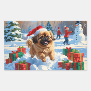 Pekingese Dog Running in Snow with Christmas Hat Rectangular Sticker