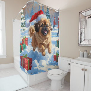 Pekingese Dog Running in Snow with Christmas Hat Shower Curtain