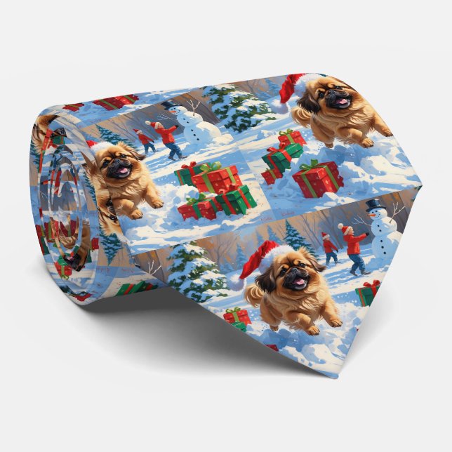Pekingese Dog Running in Snow with Christmas Hat Tie (Rolled)