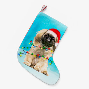 Pekingese Dog Sitting In Snow Christmas Hat Lights Small Christmas Stocking