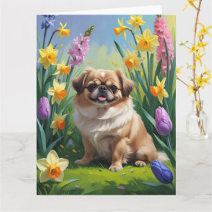 Pekingese Dog Spring Flowers Painting Card