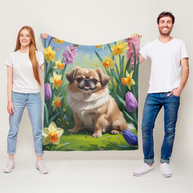 Pekingese Dog Spring Flowers Painting  Fleece Blanket (In Situ)