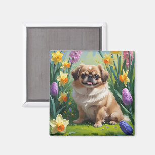 Pekingese Dog Spring Flowers Painting  Magnet