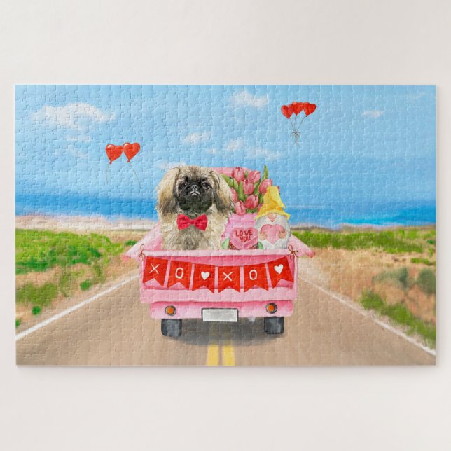 Pekingese Dog Valentine's Day Truck Hearts Jigsaw Puzzle (Horizontal)