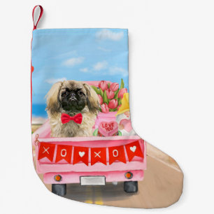 Pekingese Dog Valentine's Day Truck Hearts Small Christmas Stocking