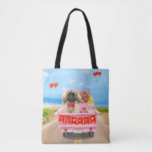 Pekingese Dog Valentine's Day Truck Hearts Tote Bag