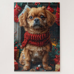 Pekingese Dog With Christmas Gifts Fireplace Jigsaw Puzzle