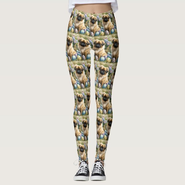 Pekingese Dog with Easter Eggs Holiday  Leggings (Front)