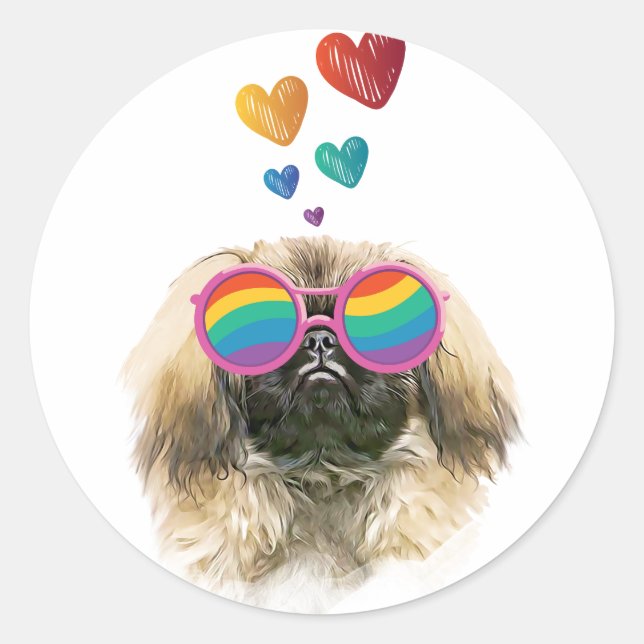 Pekingese Dog with Hearts Valentine's Day Classic Round Sticker (Front)