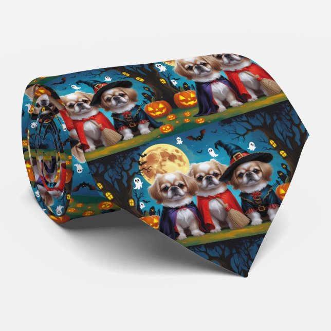 Pekingese Dogs Pumpkin Halloween Funny Tie (Rolled)