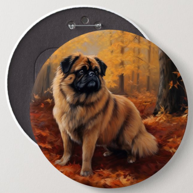 Pekingese in Autumn Leaves Fall Inspire 6 Cm Round Badge (Front & Back)
