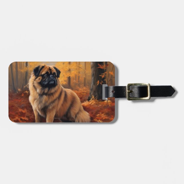 Pekingese in Autumn Leaves Fall Inspire Luggage Tag (Front Horizontal)