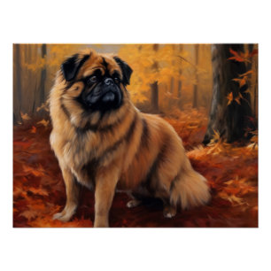 Pekingese in Autumn Leaves Fall Inspire Poster