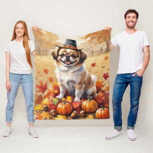 Pekingese In Autumn Leaves Thanksgiving Art Fleece Blanket