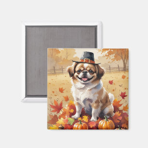 Pekingese In Autumn Leaves Thanksgiving Art Magnet