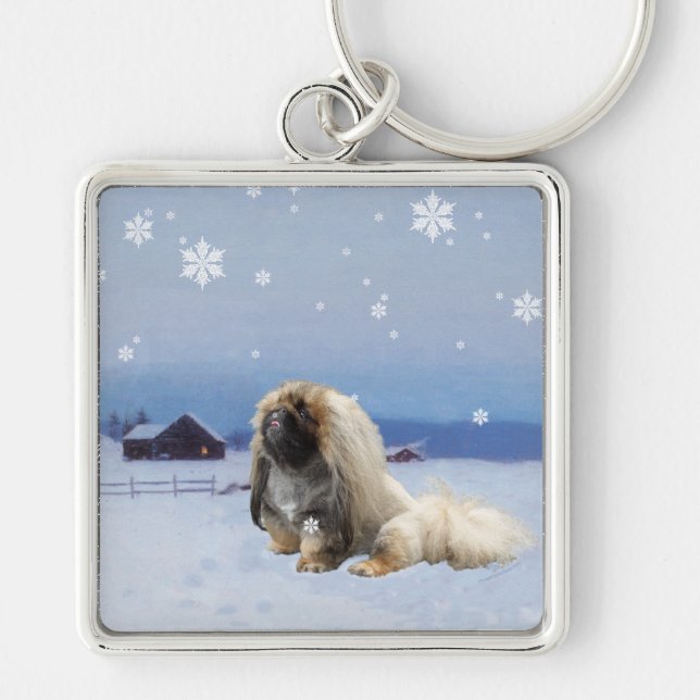 Pekingese in Winter Key Ring (Front)