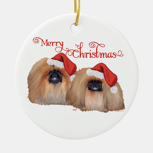 Pekingese Merry Christmas Ceramic Tree Decoration (Front)