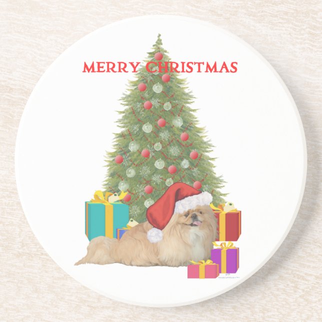 Pekingese Merry Christmas Coaster (Front)