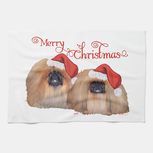 Pekingese Merry Christmas Tea Towel (Horizontal)