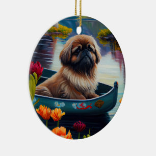 Pekingese on a Paddle: A Scenic Adventure Ceramic Tree Decoration