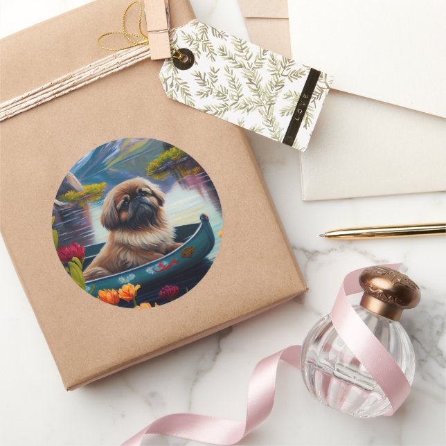 Pekingese on a Paddle: A Scenic Adventure Classic Round Sticker (Gifting)