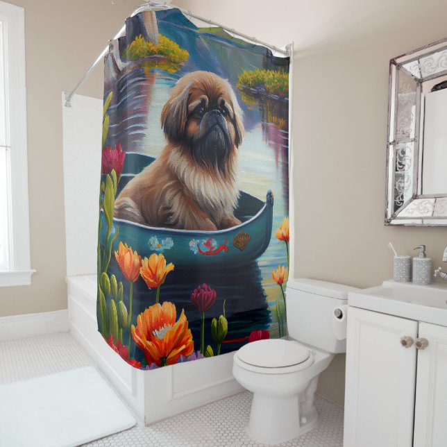 Pekingese on a Paddle: A Scenic Adventure Shower Curtain (In Situ)