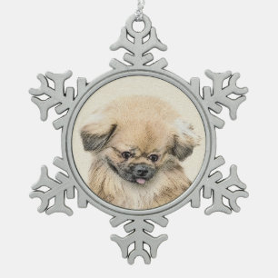 Pekingese Painting - Cute Original Dog Art Snowflake Pewter Christmas Ornament