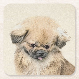 Pekingese Painting - Cute Original Dog Art Square Paper Coaster