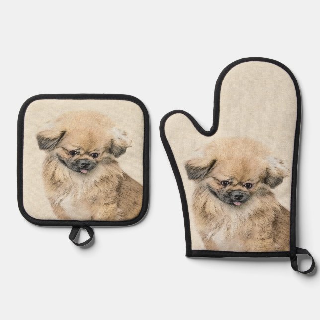 Pekingese Painting Fawn Cute Original Pet Dog Art Oven Mitt & Pot Holder Set (Front)