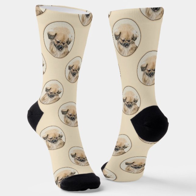 Pekingese Painting Fawn Cute Original Pet Dog Art Socks (Angled)