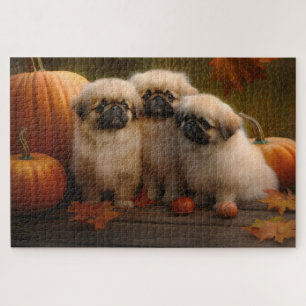 Pekingese Puppy Autumn Delight Pumpkin Jigsaw Puzzle