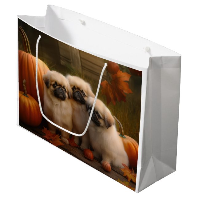 Pekingese Puppy Autumn Delight Pumpkin  Large Gift Bag (Front Angled)
