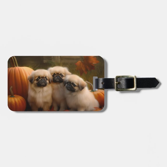 Pekingese Puppy Autumn Delight Pumpkin  Luggage Tag (Front Horizontal)