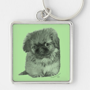 Pekingese Puppy Green Key Ring