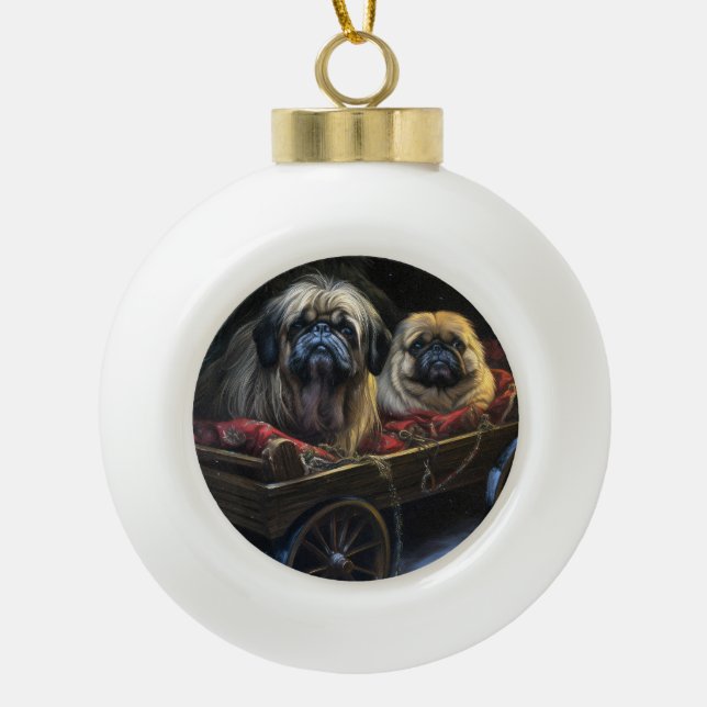 Pekingese Snowy Sleigh Christmas Decor  Ceramic Ball Christmas Ornament (Front)